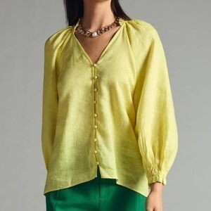 Anthropologie The Audie Linen Puff-Sleeve Blouse